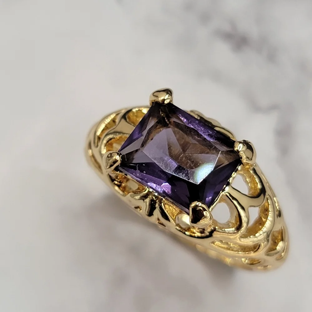 Gold Plated Simulated Amethyst Filigree Ring